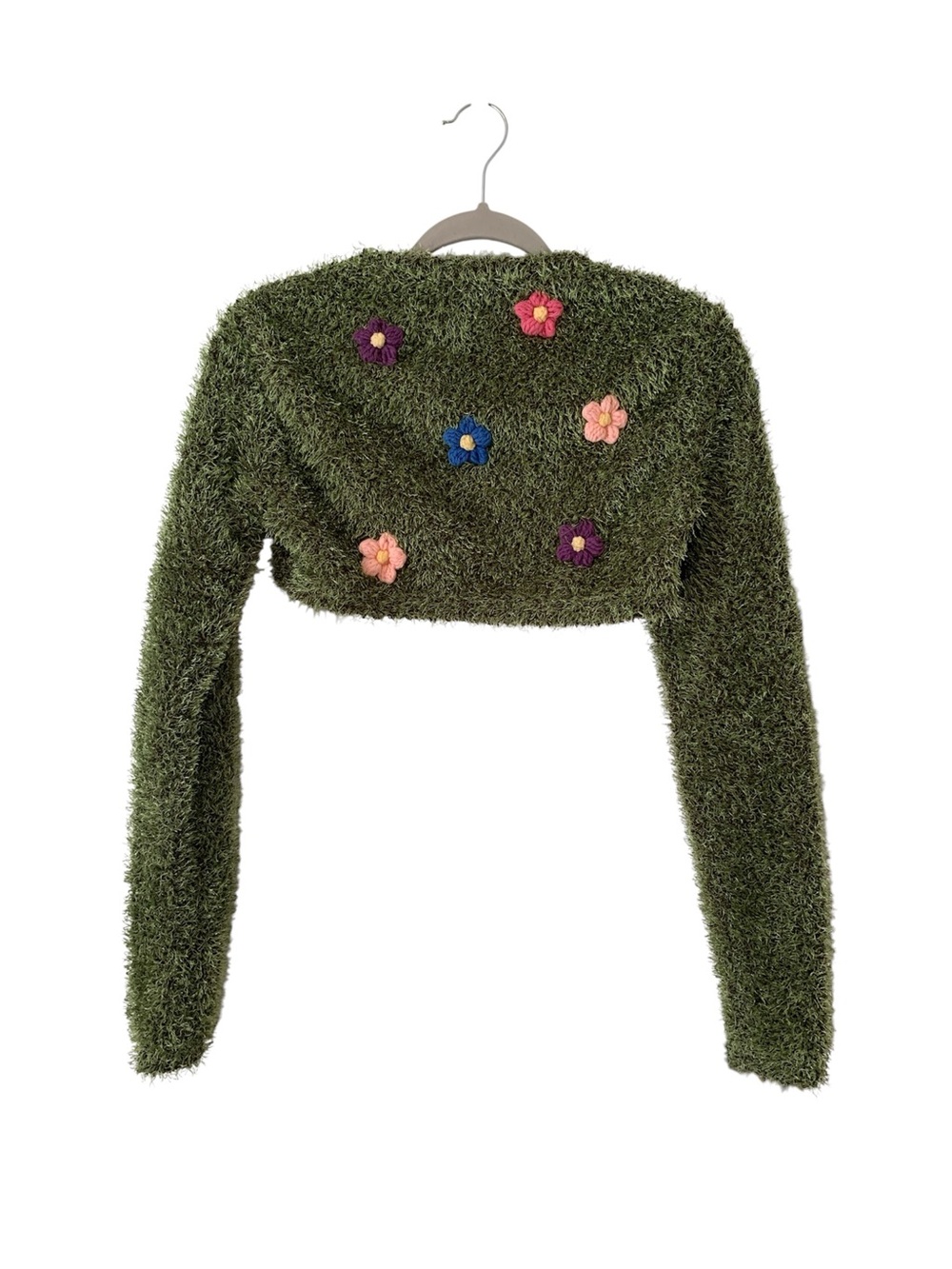 dELiA*s Dollskill Shaggy Fuzzy Moss Green Crop Shrug Bolero Floral Cardigan S - Picture 2 of 13